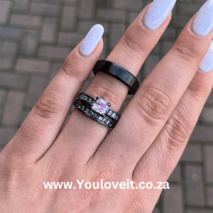 The Black Gun Plated Pink Morganite Princess Cut Wedding Ring Set