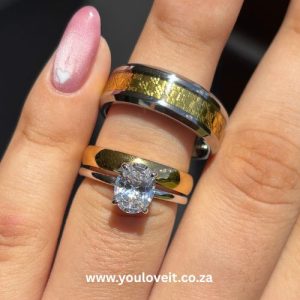 The 2.00 ct. Oval Cut Silver & Yellow Gold Fiber Foil Inlay Couples Wedding Ring Set