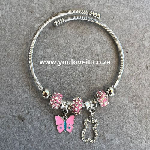 Pink Butterfly Charm Bracelet (Adjustable - Fits Children to Adult)