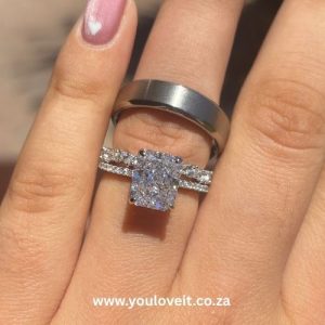 The Sterling Silver 3.50 ct Radiant Cut Iris & 6mm Brushed Matte Titanium Wedding Ring Set