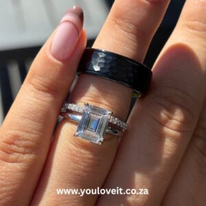 The 4.00 ct Emerald Cut & Titanium Black Hammered Wedding Ring Set