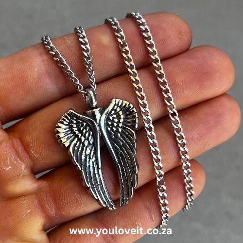 The Stainless Steel Cuban Chain Angel Wing Keepsake Urn Necklace