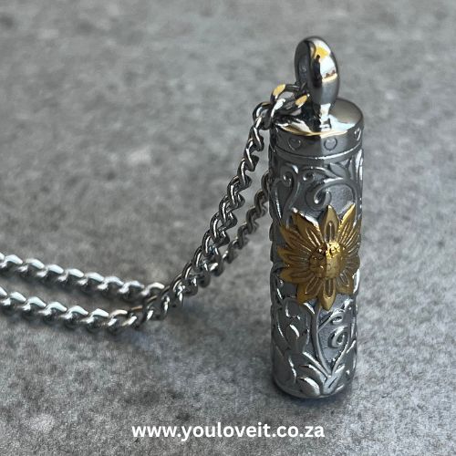 The Stainless Steel Cuban Chain Sunflower Cylinder Keepsake Urn Necklace