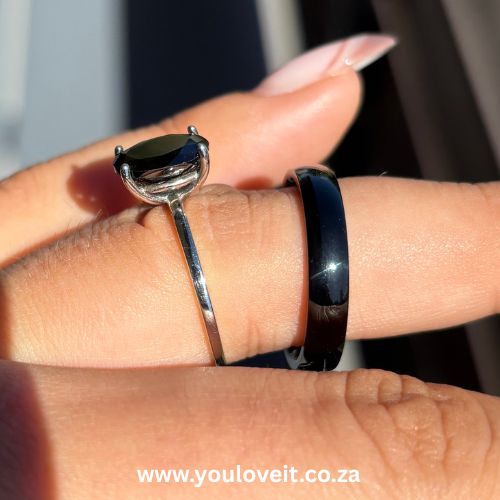 The 2.00 ct. Black Oval Silver Stainless Steel Couples Wedding Ring Set