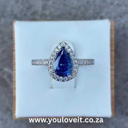 Sterling Silver Pear Cut 2.00ct Sapphire Blue Halo Engagement Ring