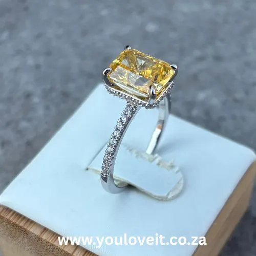 Sterling Silver Radiant Cut 3.50ct Fancy Yellow Pave-Set Engagement Ring