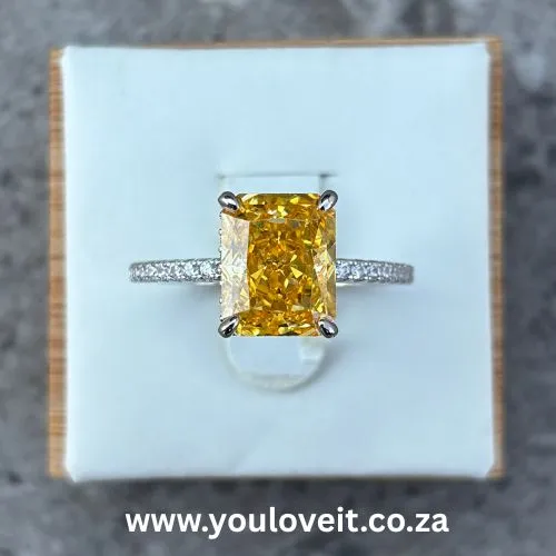 Sterling Silver Radiant Cut 3.50ct Fancy Yellow Pave-Set Engagement Ring