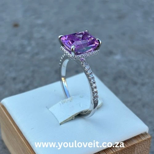 Sterling Silver Radiant Cut 3.50ct Fancy Purple Pave-Set Engagement Ring