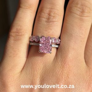 Sterling Silver Fancy Pink Radiant Cut 3.50ct Bridal Set with Half Eternity Band
