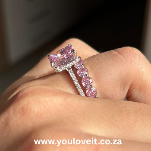 Sterling Silver Fancy Pink Radiant Cut 3.50ct Bridal Set with Half Eternity Band