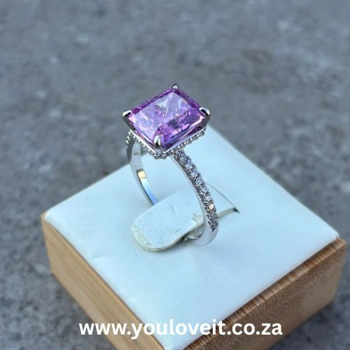 Sterling Silver Radiant Cut 3.50ct Fancy Purple Pave-Set Engagement Ring