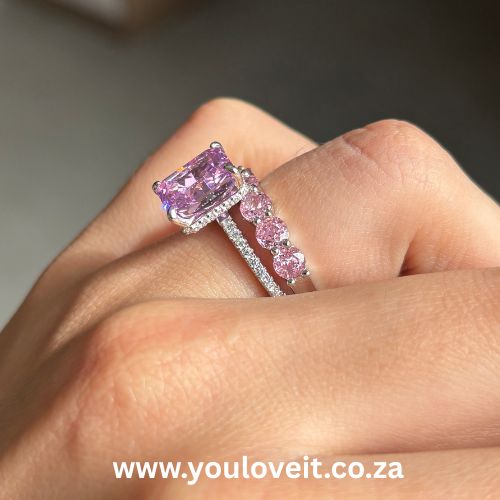 Sterling Silver Fancy Purple Radiant Cut 3.50ct Bridal Set with Half Eternity Band