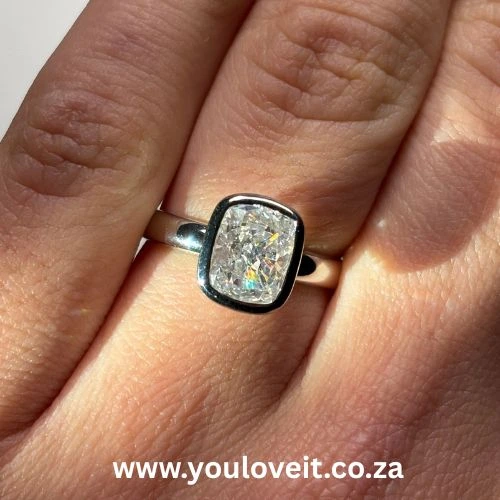 The Sterling Silver Bezel Setting 3.00 ct Elongated Cushion Cut Engagement Ring