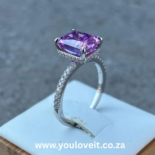 Sterling Silver Radiant Cut 3.50ct Fancy Purple Pave-Set Engagement Ring