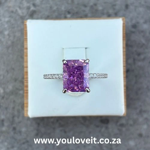 Sterling Silver Radiant Cut 3.50ct Fancy Purple Pave-Set Engagement Ring