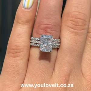 Sterling Silver Skinny Radiant Cut 5.00ct Iced 2 Piece Wedding Ring Set