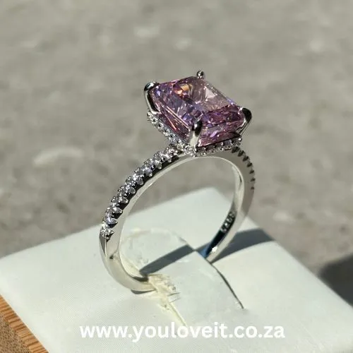 Sterling Silver Radiant Cut 3.50ct Fancy Pink Pave-Set Engagement Ring