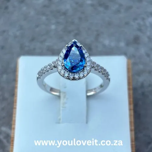 Sterling Silver Pear Cut 2.00ct Sapphire Blue Halo Engagement Ring