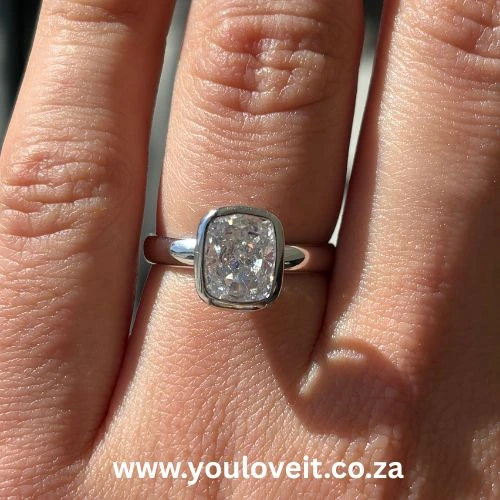 The Sterling Silver Bezel Setting 3.00 ct Elongated Cushion Cut Engagement Ring