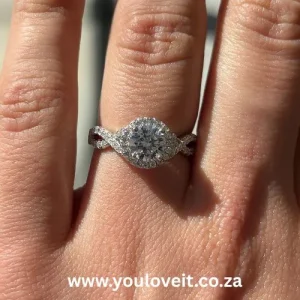 Sterling Silver Round Cut 1.30ct Twisted Band Halo Engagement Ring