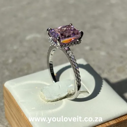 Sterling Silver Radiant Cut 3.50ct Fancy Pink Pave-Set Engagement Ring