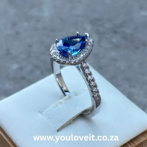 Sterling Silver Pear Cut 2.00ct Sapphire Blue Halo Engagement Ring