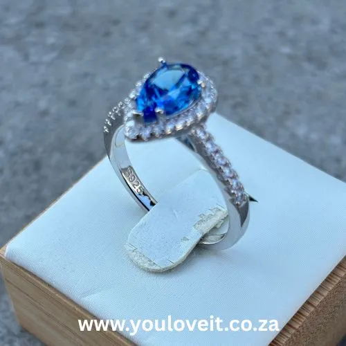 Sterling Silver Pear Cut 2.00ct Sapphire Blue Halo Engagement Ring