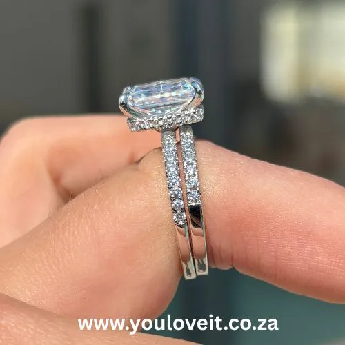 Sterling Silver Skinny Radiant Cut 5.00ct Iced 2 Piece Wedding Ring Set