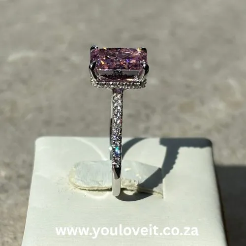 Sterling Silver Radiant Cut 3.50ct Fancy Pink Pave-Set Engagement Ring