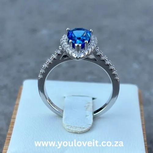 Sterling Silver Pear Cut 2.00ct Sapphire Blue Halo Engagement Ring