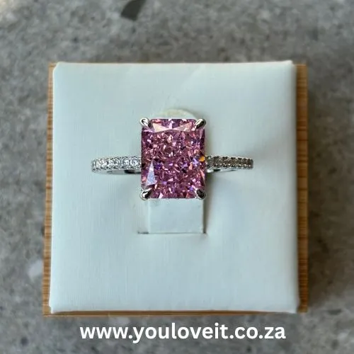 Sterling Silver Radiant Cut 3.50ct Fancy Pink Pave-Set Engagement Ring