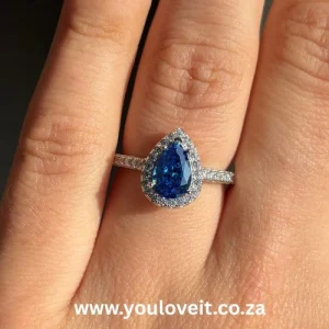 Sterling Silver Pear Cut 2.00ct Sapphire Blue Halo Engagement Ring