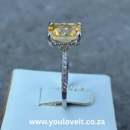 Sterling Silver Radiant Cut 3.50ct Fancy Yellow Pave-Set Engagement Ring
